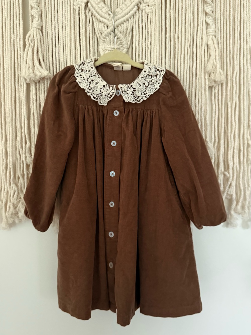 Little Cotton Clothes Brown Corduroy Dress with Crochet Peter Pan Collar